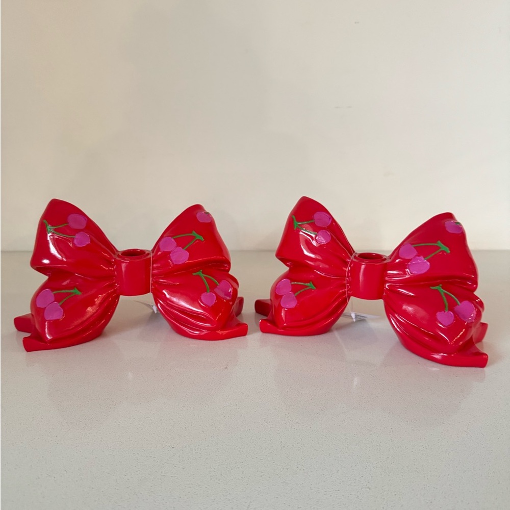 Ceramic Red Bow with Cherries Taper Candle Holders Set Of Two- Viral Tik Tok
